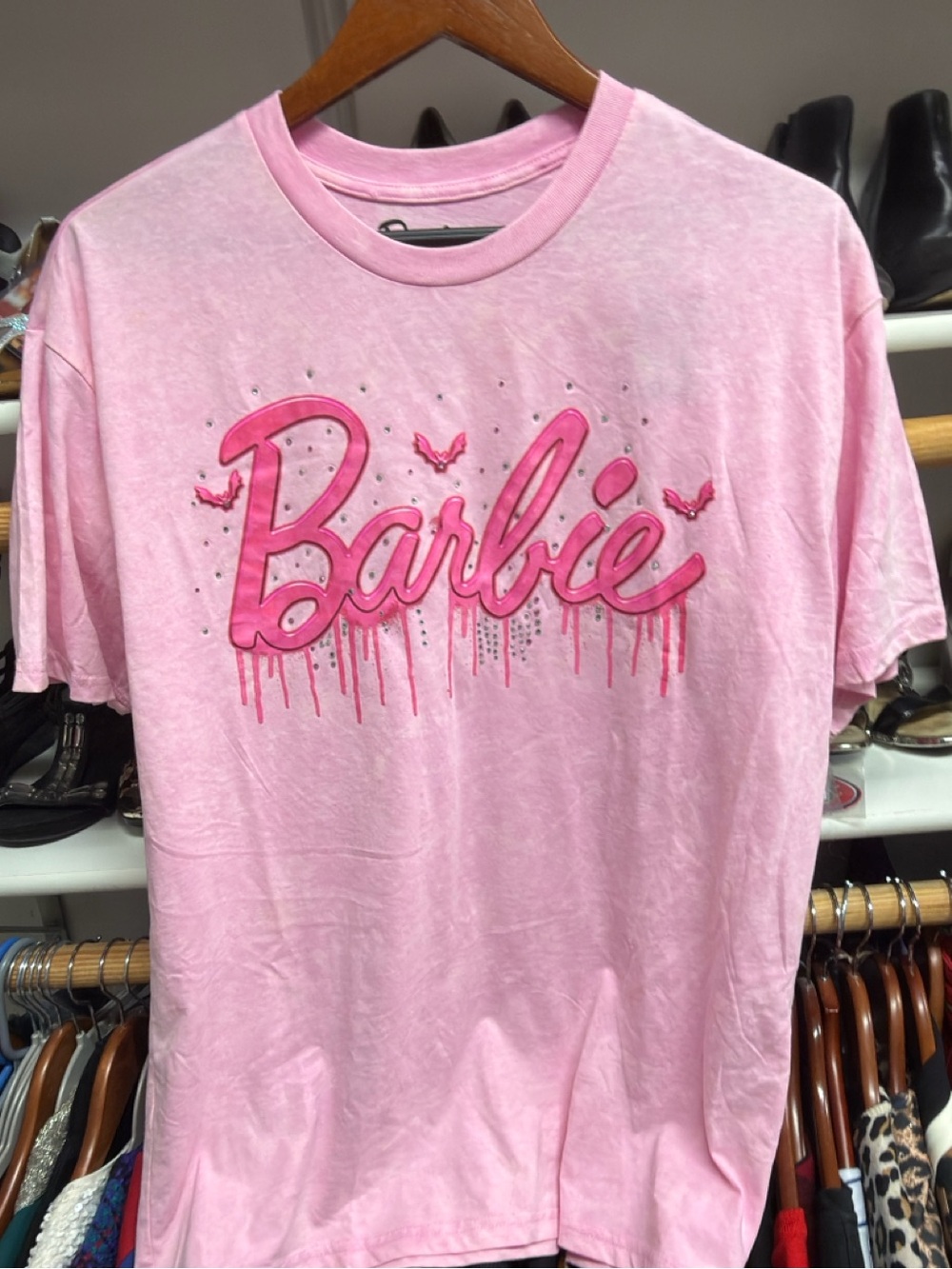 Barbie Pink Graphic Tee with crystal rhinestone embellishment. 1 of a kind